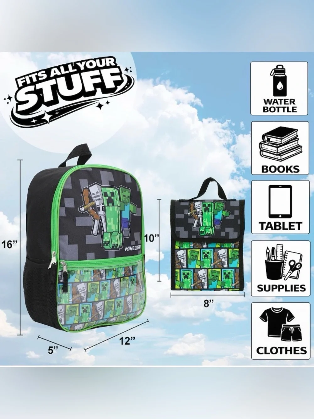 Minecraft Backpack Set with Lunch Box
